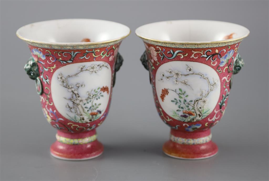 A rare pair of Chinese yangcai New Year Longevity stem cups, Qianlong or Jiaqing period, 11cm high